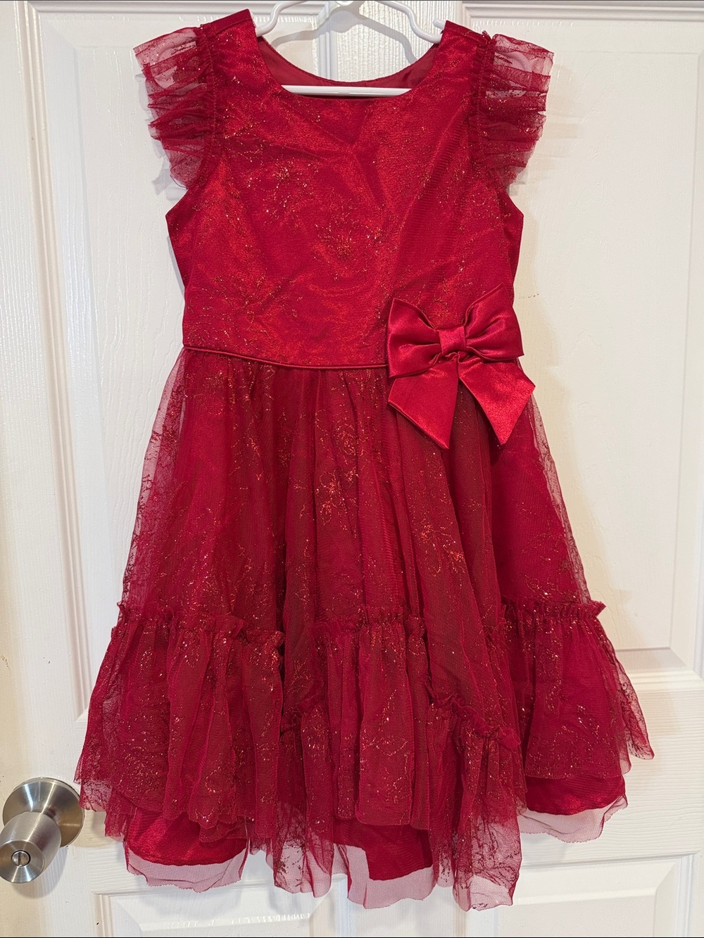 Jona Michelle Girls Red Glitter Tulle Party Dress with Bow Accent- Size 5